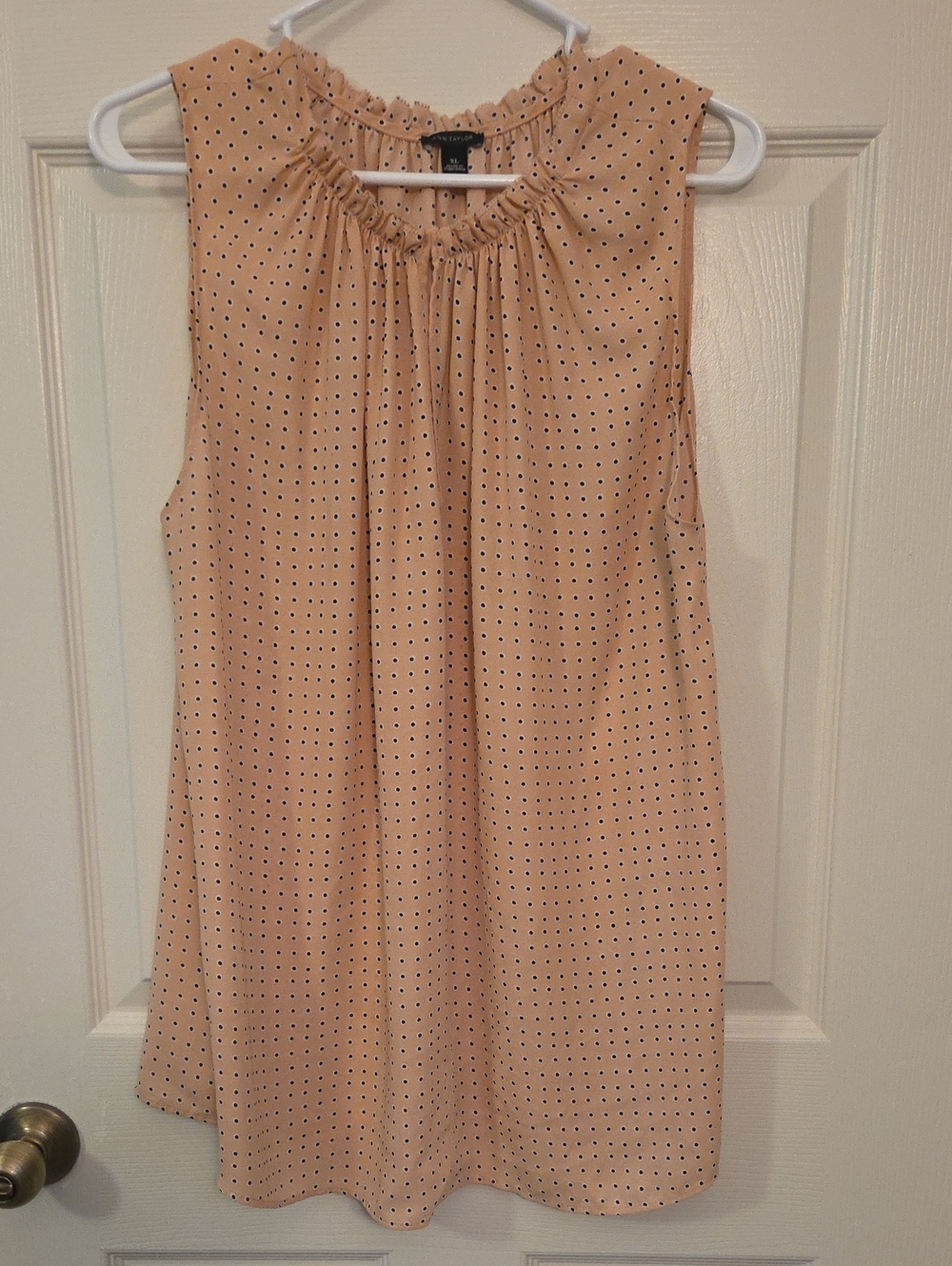 Ann Taylor Peach Polka Dot Sleeveless Ruffled Neck Blouse Shirt Size XL